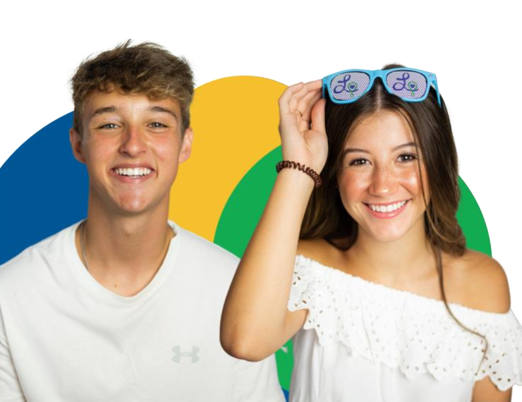Cutout of patient holding a pair of sunglasses, and a boy who is also smiling at the camera