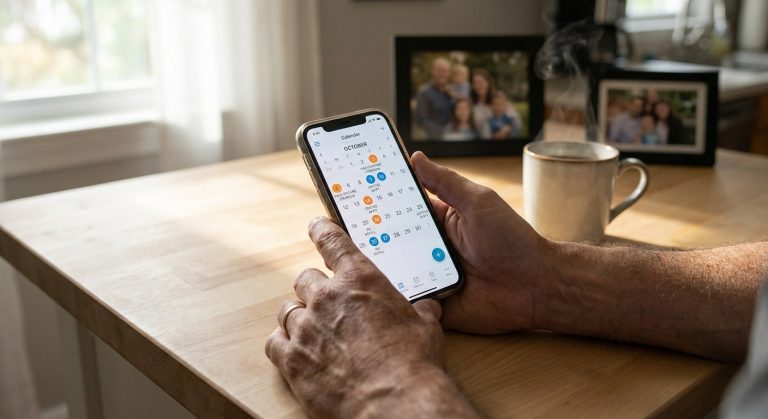 Parent reviewing monthly payment schedule on smartphone at kitchen table with coffee and family photos